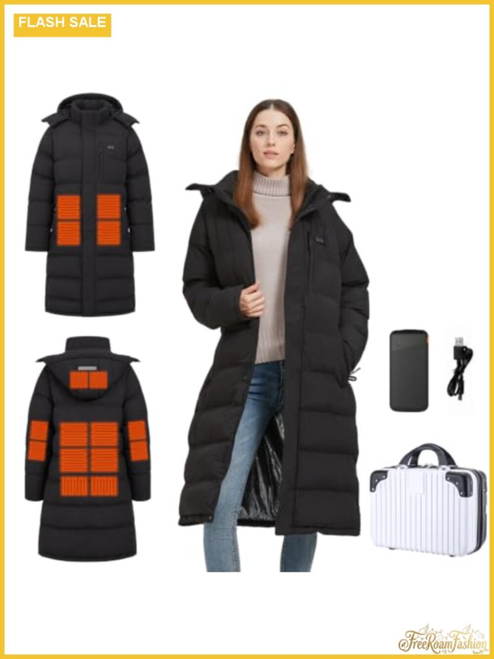 Women's Long Heated Puffer Coat Slim Fit Quilted Winter Jacket with Battery Pack